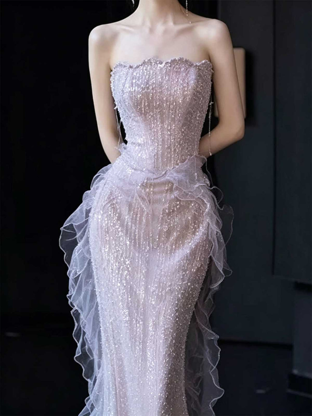 Blush Pink Strapless Beaded Mermaid Evening Gown with Tulle Ruffle Train