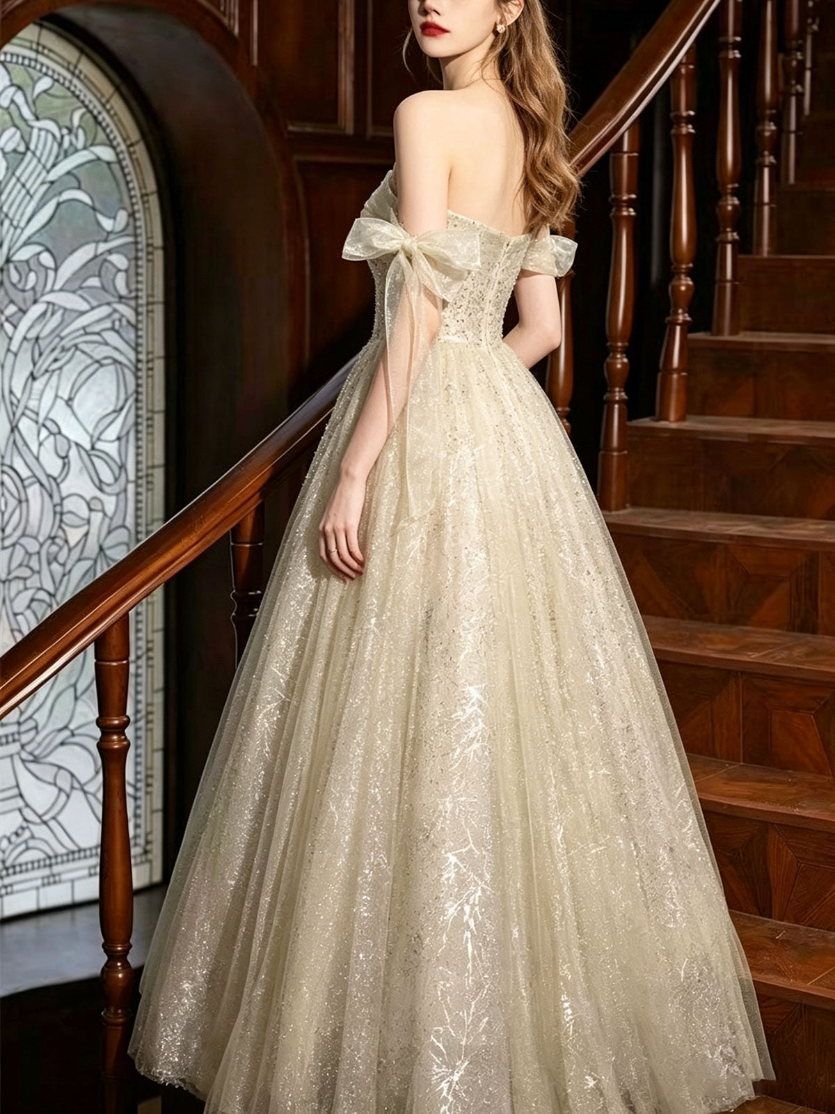 Strapless Champagne Bow Glitter Tulle A-Line Ball Evening Gown