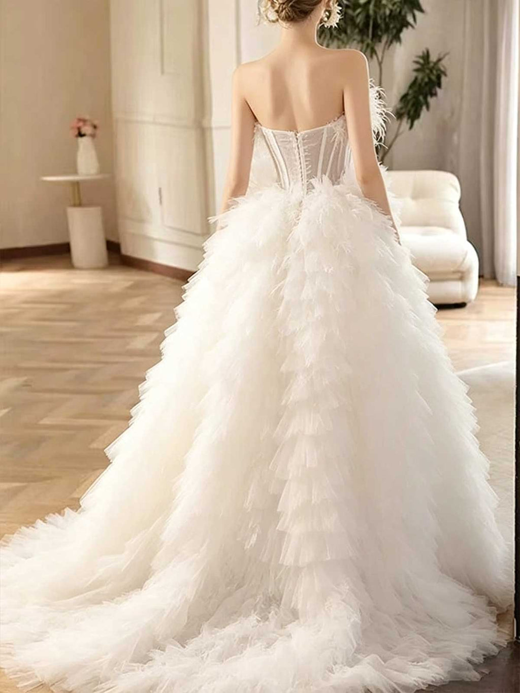 White Strapless Feather Tulle Ball Gown with Corset Bodice