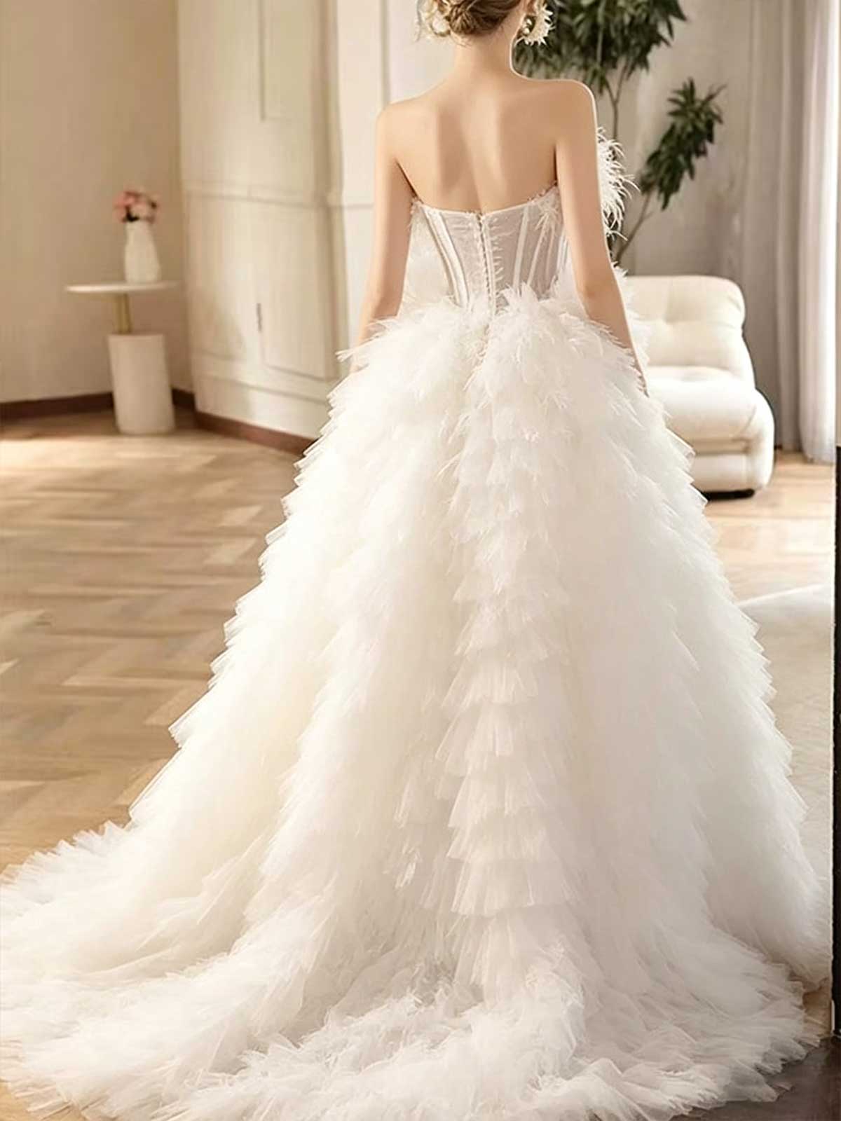 White Strapless Feather Tulle Ball Gown with Corset Bodice