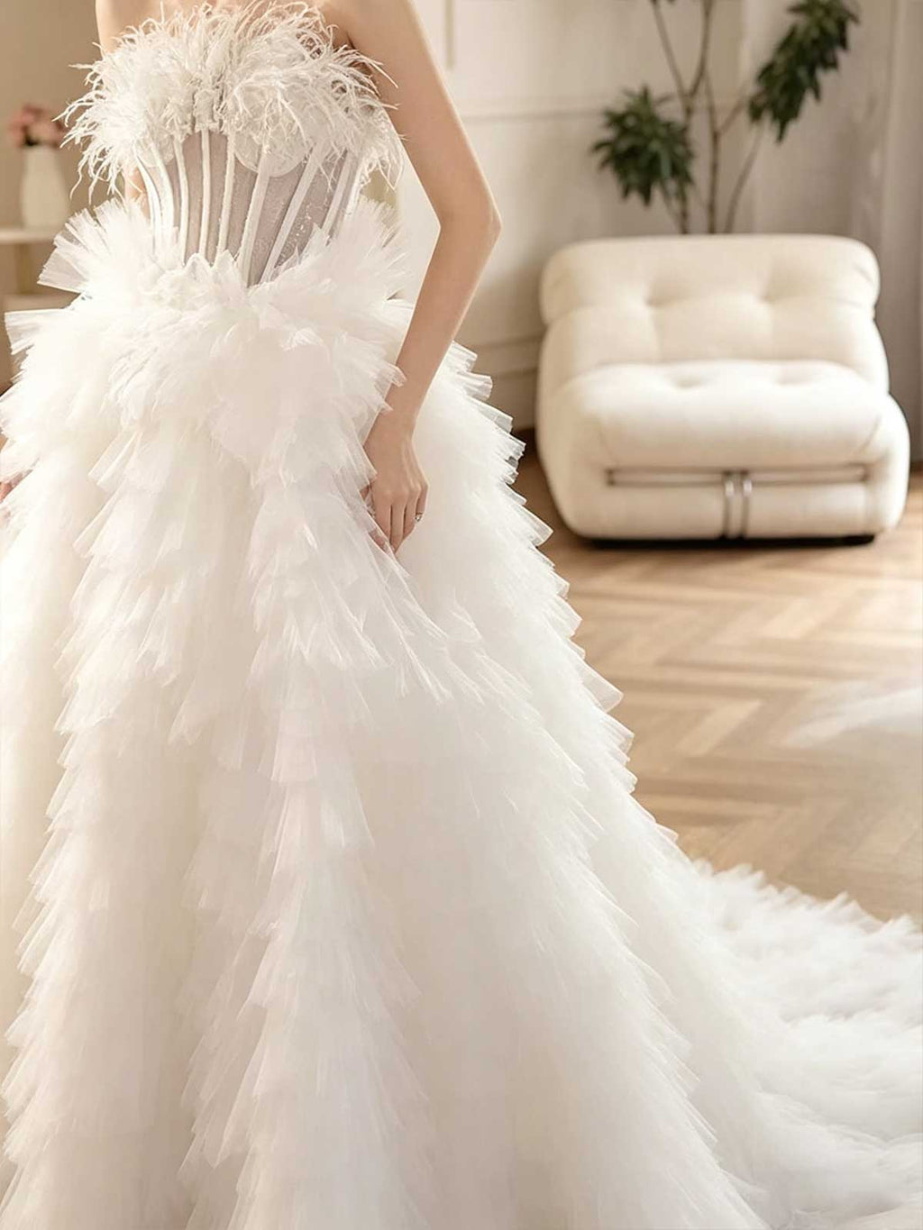 White Strapless Feather Tulle Ball Gown with Corset Bodice