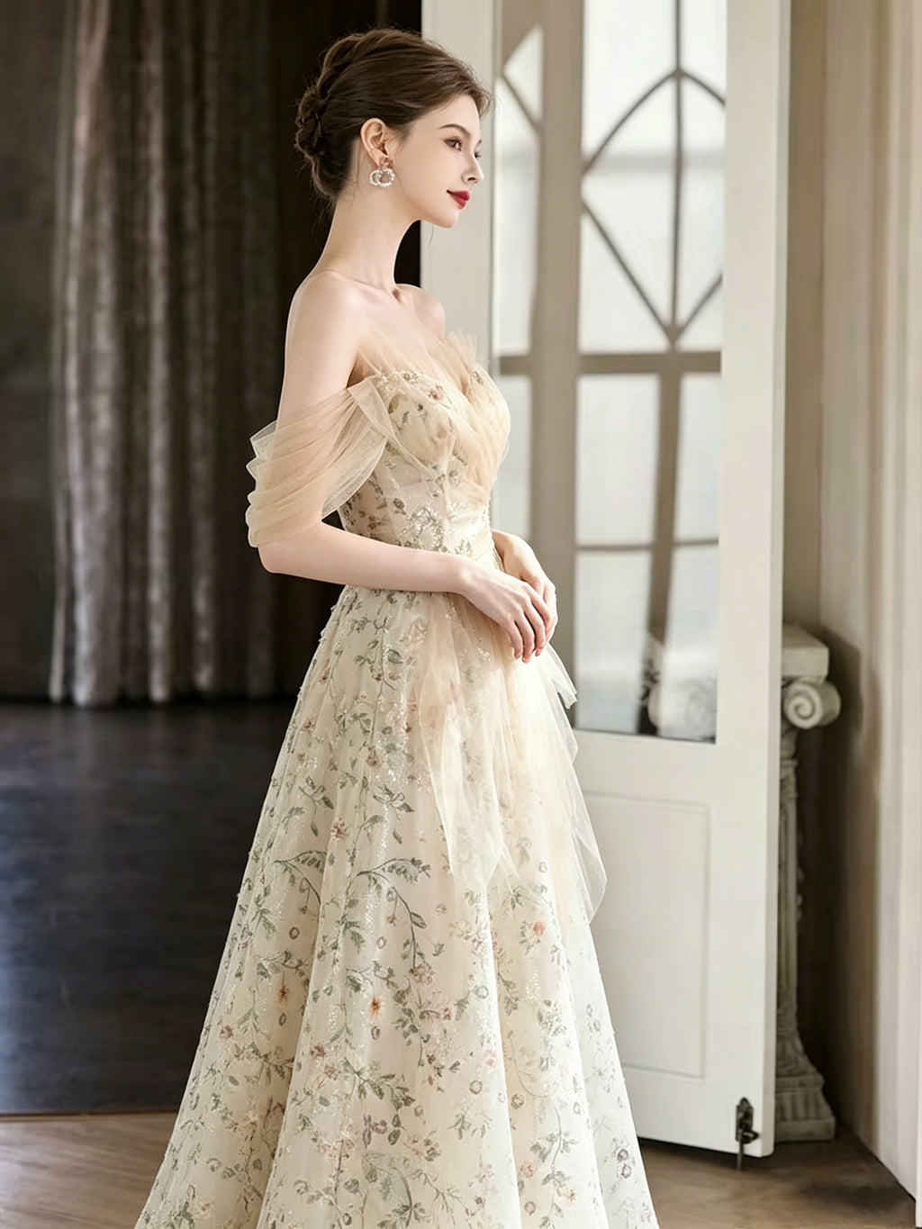 Off Shoulder Nude Floral Embroidery Tulle A-Line Evening Gown