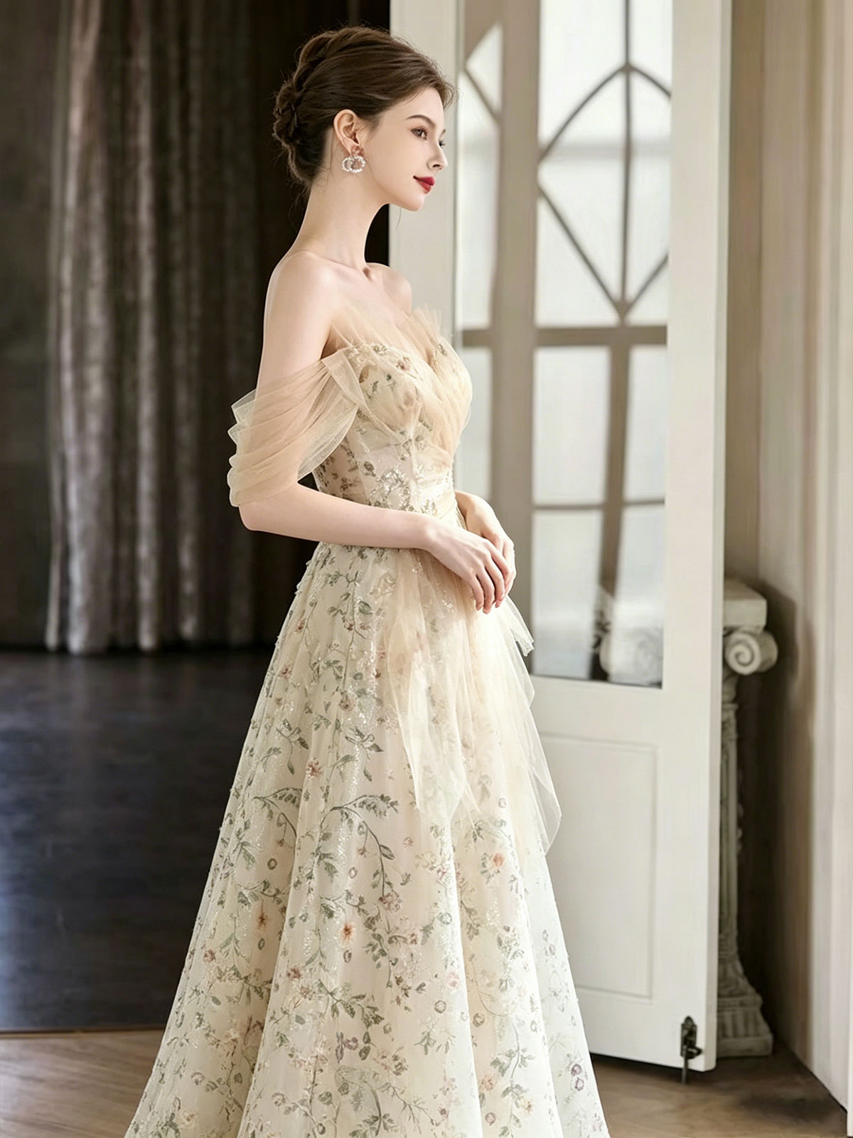 Off Shoulder Nude Floral Embroidery Tulle A-Line Evening Gown