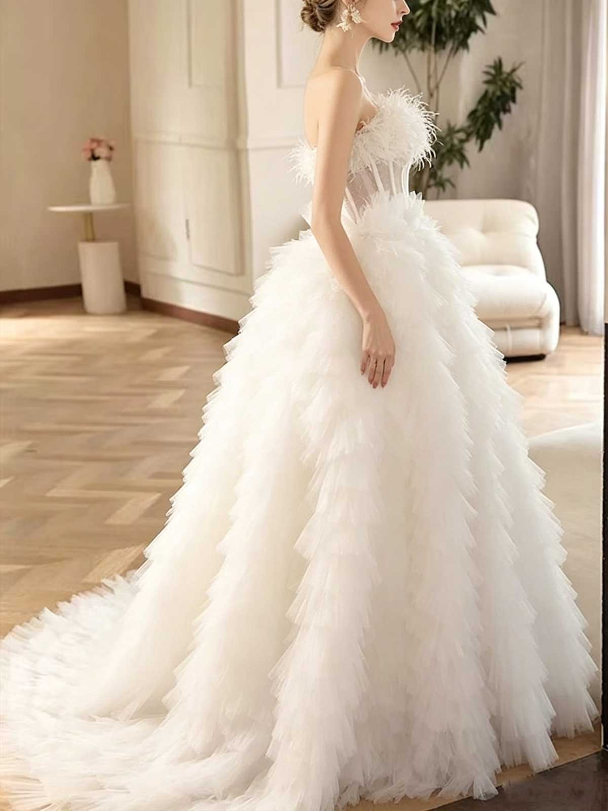 White Strapless Feather Tulle Ball Gown with Corset Bodice