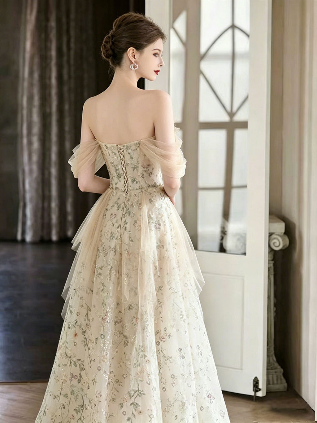 Off Shoulder Nude Floral Embroidery Tulle A-Line Evening Gown