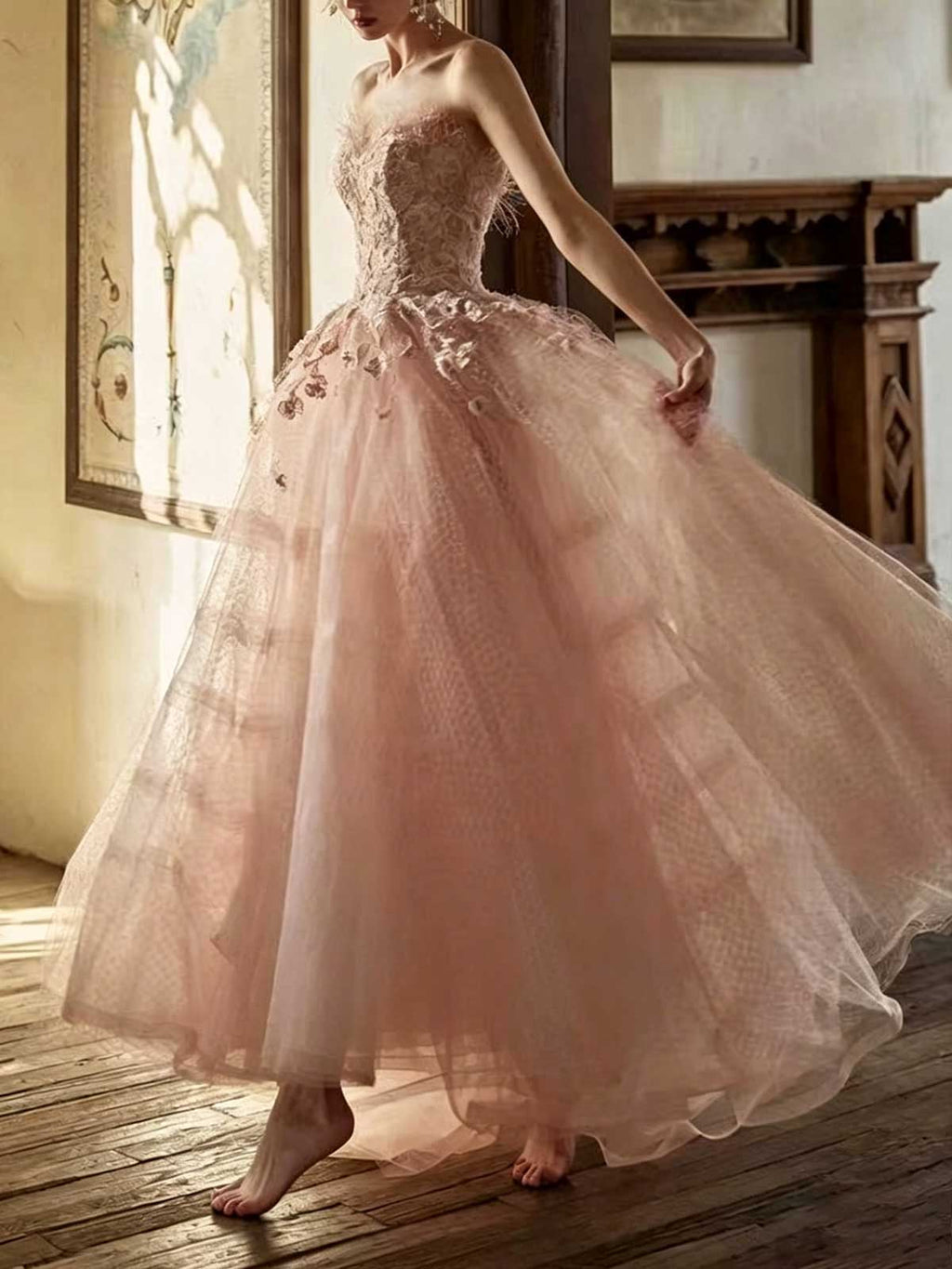 Nude Pink Strapless Lace Ball Gown with 3D Floral Appliqués