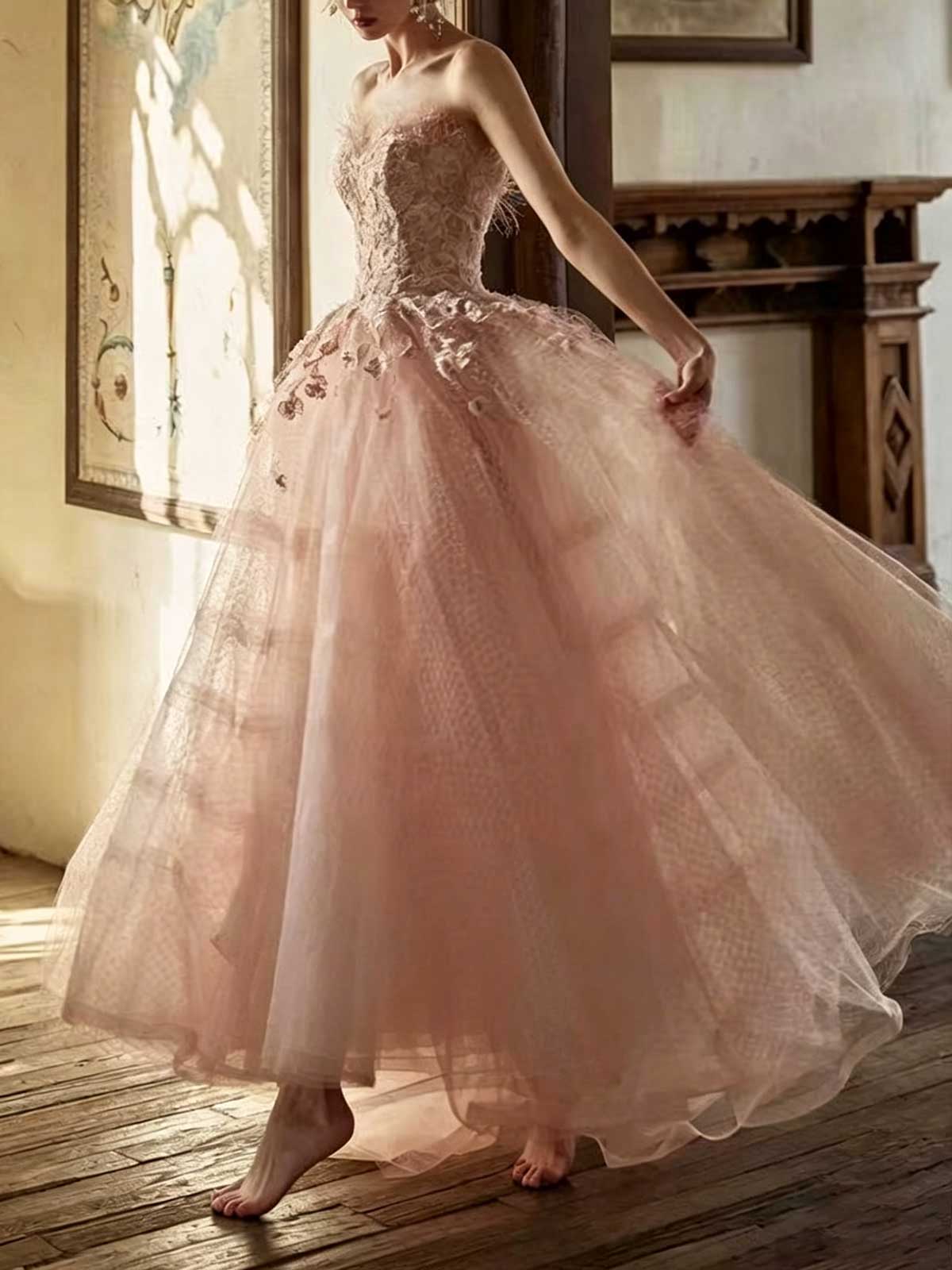 Nude Pink Strapless Lace Ball Gown with 3D Floral Appliqués