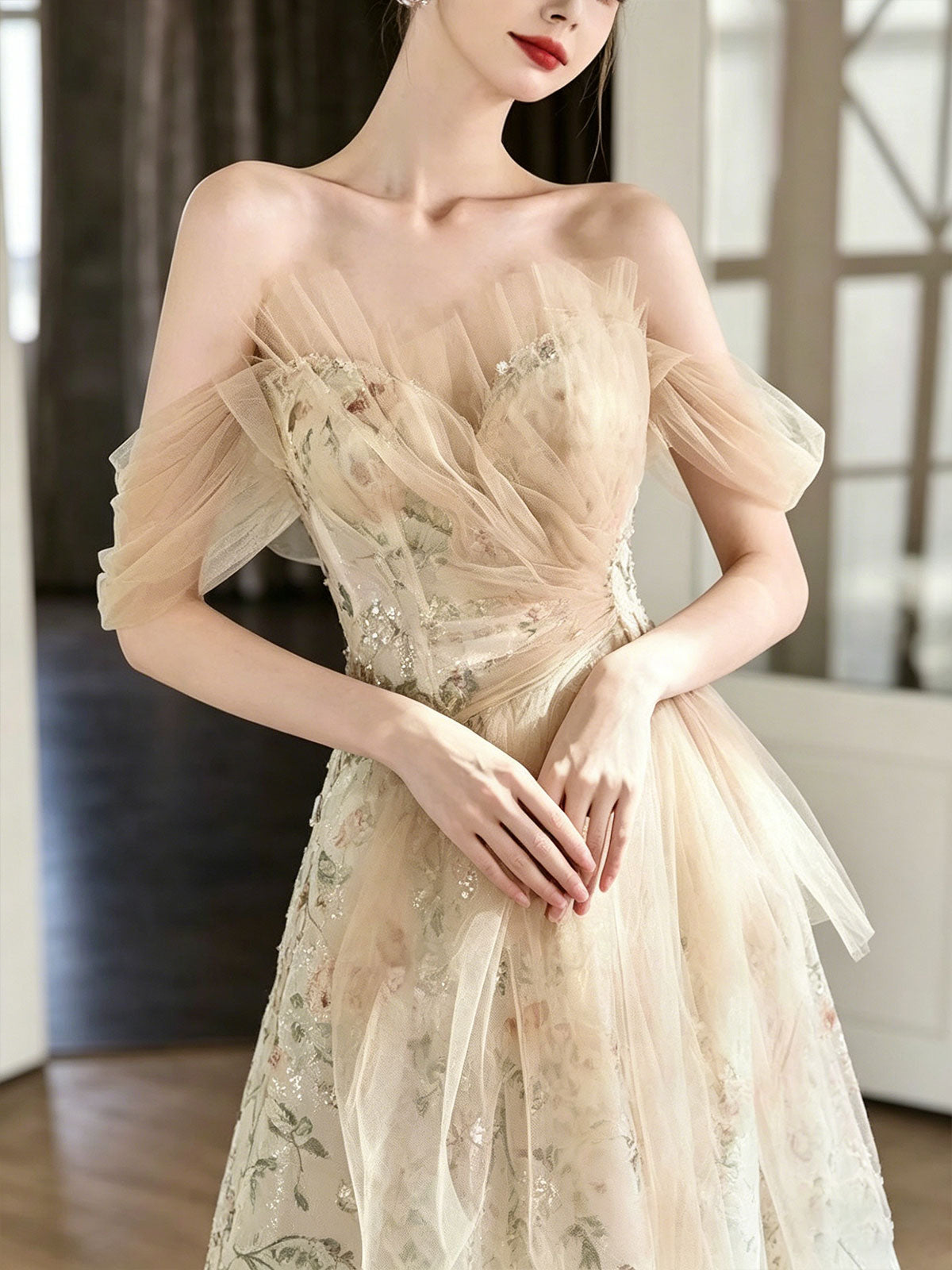 Off Shoulder Nude Floral Embroidery Tulle A-Line Evening Gown