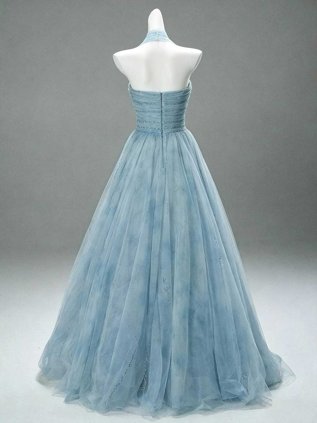 Dusty Blue Strapless Tulle Ball Gown with Beaded Bodice