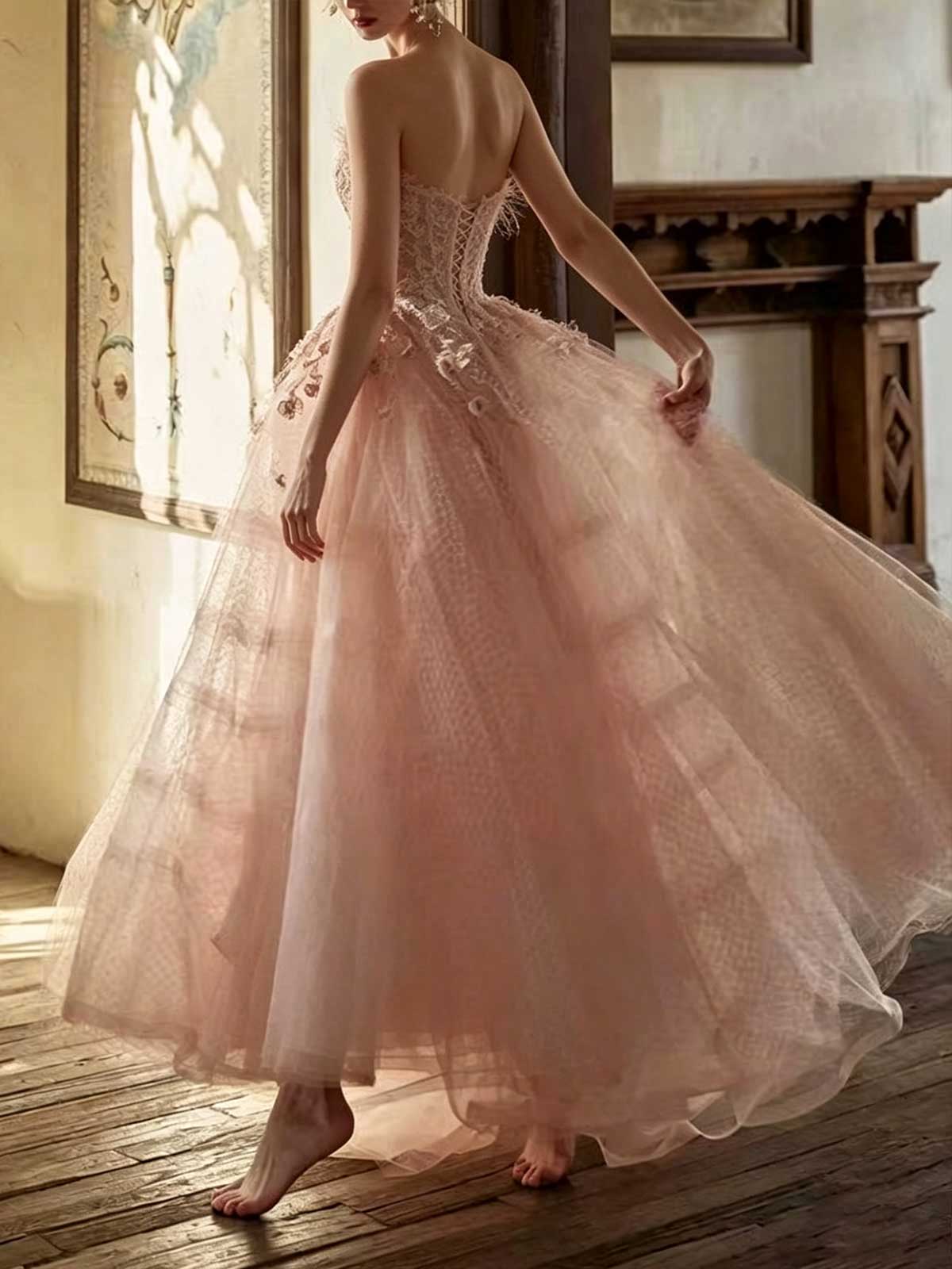 Nude Pink Strapless Lace Ball Gown with 3D Floral Appliqués