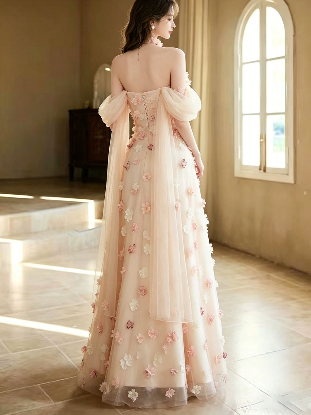 Strapless Puff Sleeve Pink 3D Floral Tulle Train Evening Gown