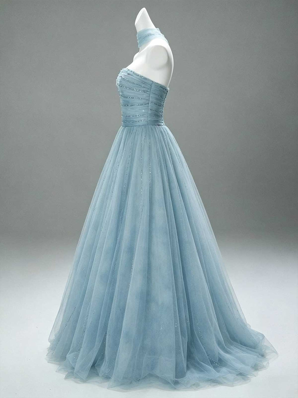 Dusty Blue Strapless Tulle Ball Gown with Beaded Bodice