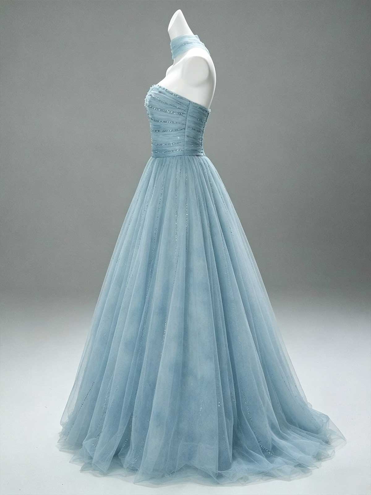 Dusty Blue Strapless Tulle Ball Gown with Beaded Bodice