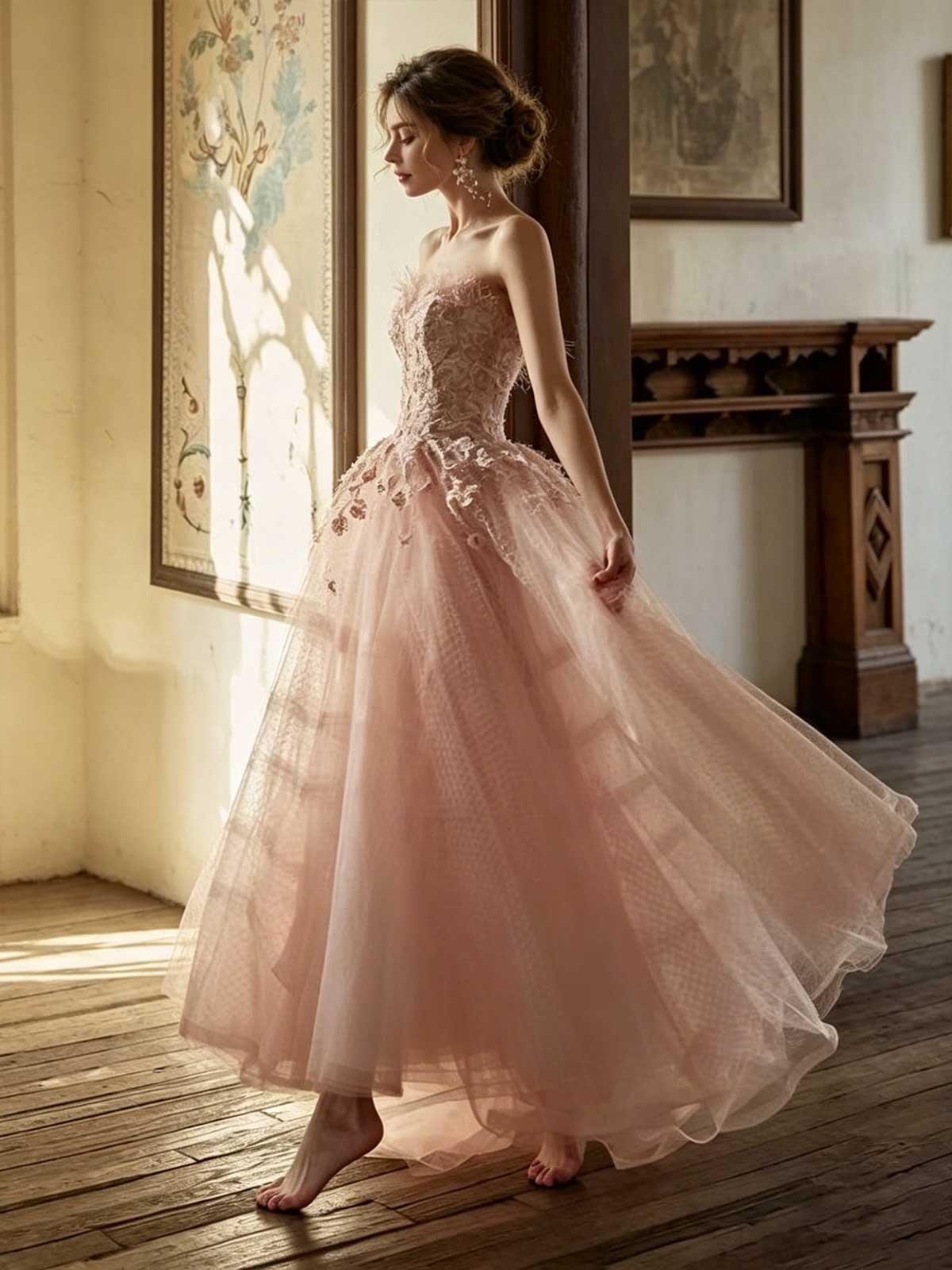Nude Pink Strapless Lace Ball Gown with 3D Floral Appliqués