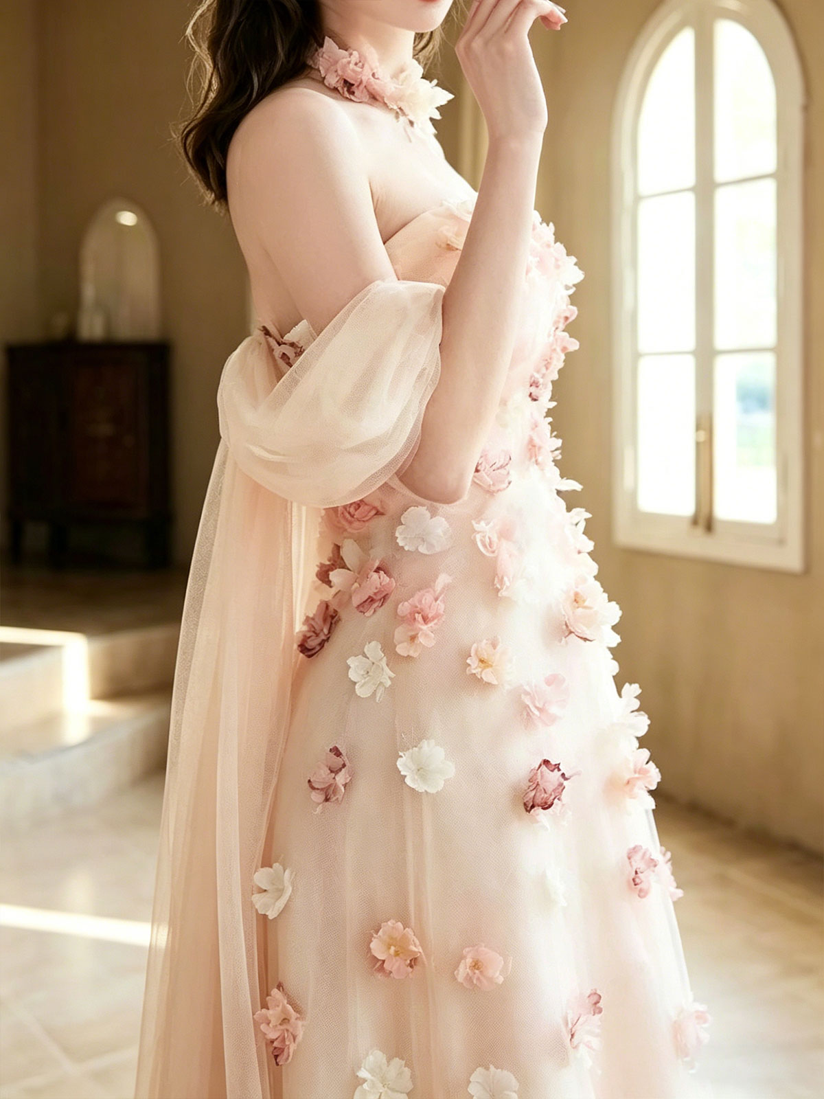 Strapless Puff Sleeve Pink 3D Floral Tulle Train Evening Gown