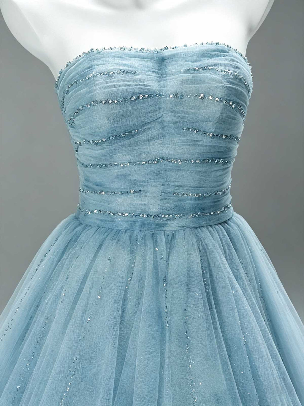Dusty Blue Strapless Tulle Ball Gown with Beaded Bodice