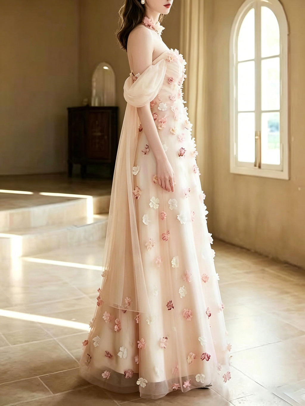 Strapless Puff Sleeve Pink 3D Floral Tulle Train Evening Gown