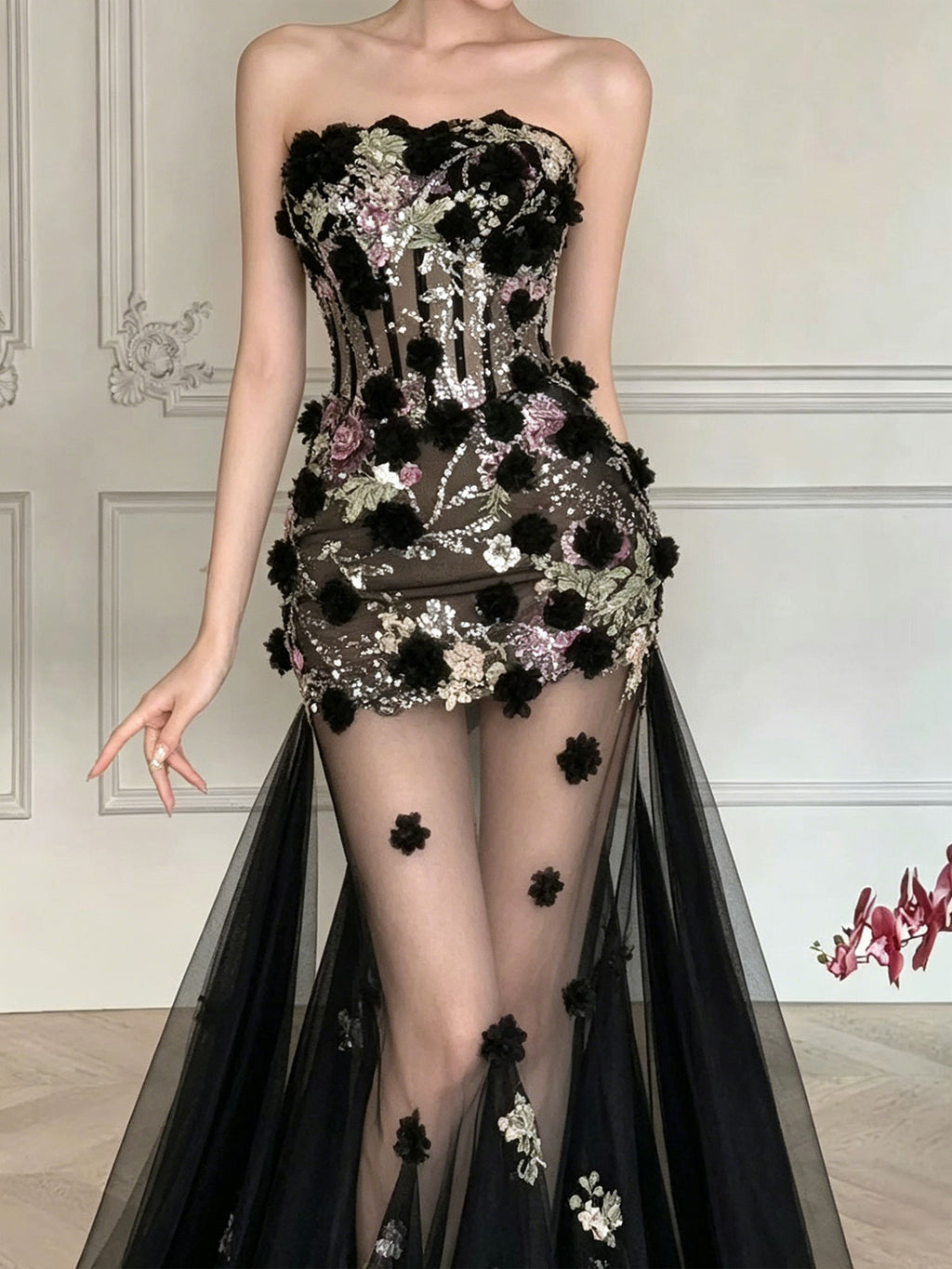 Black Strapless Corset 3D Floral Sheer Tulle Mermaid Evening Gown Sequin Formal Dress