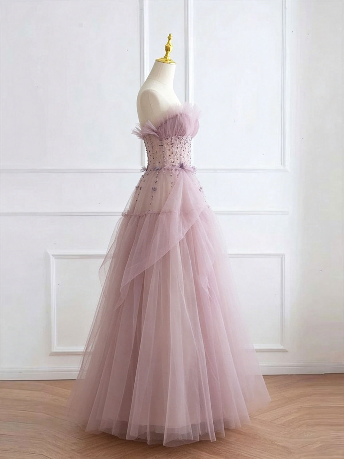 Dusty Pink Strapless Tulle Ball Gown with Corset Beaded Bodice