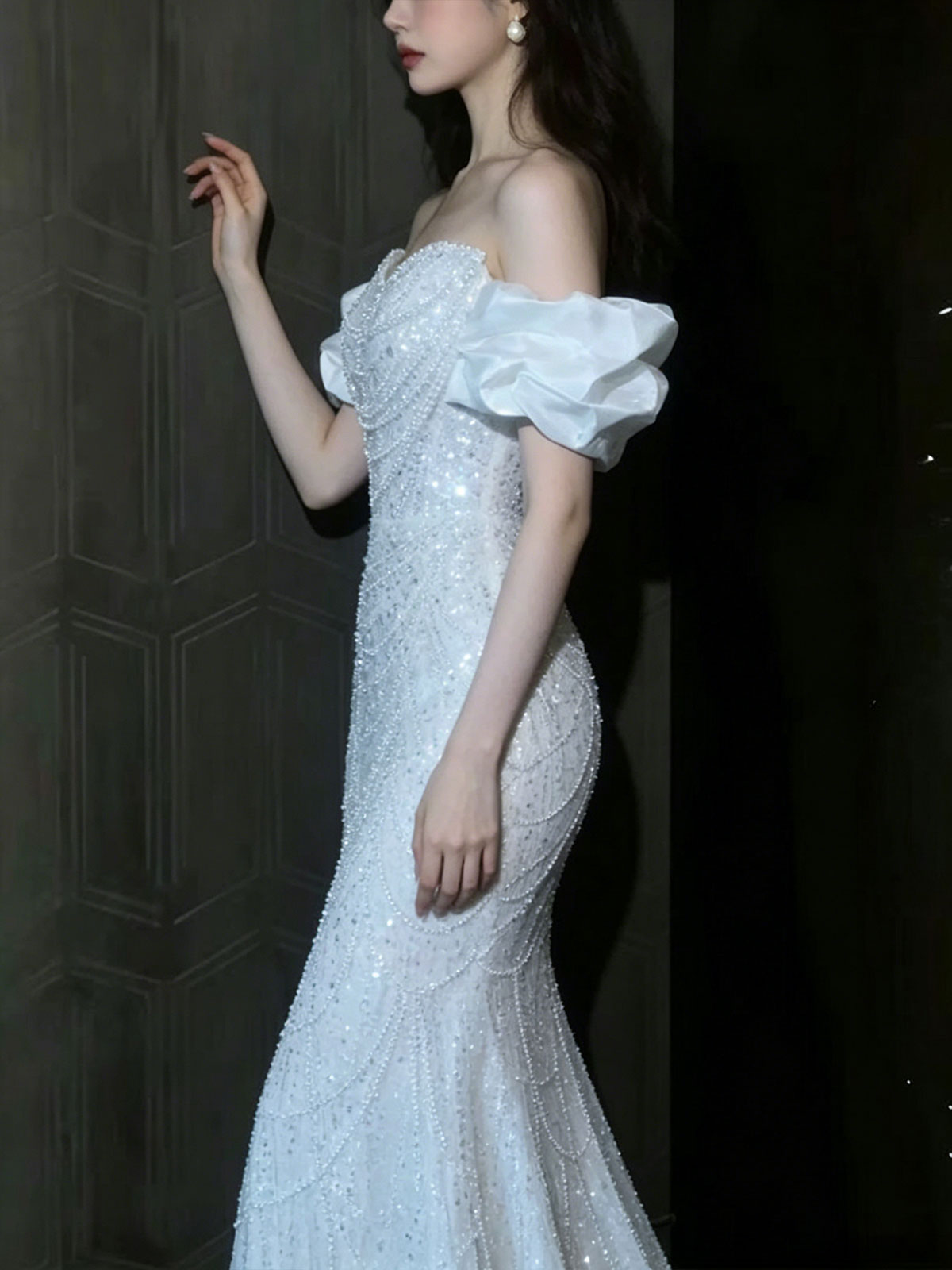 Strapless Satin Puff Sleeve Pearl Rhinestone Mermaid Evening Gown