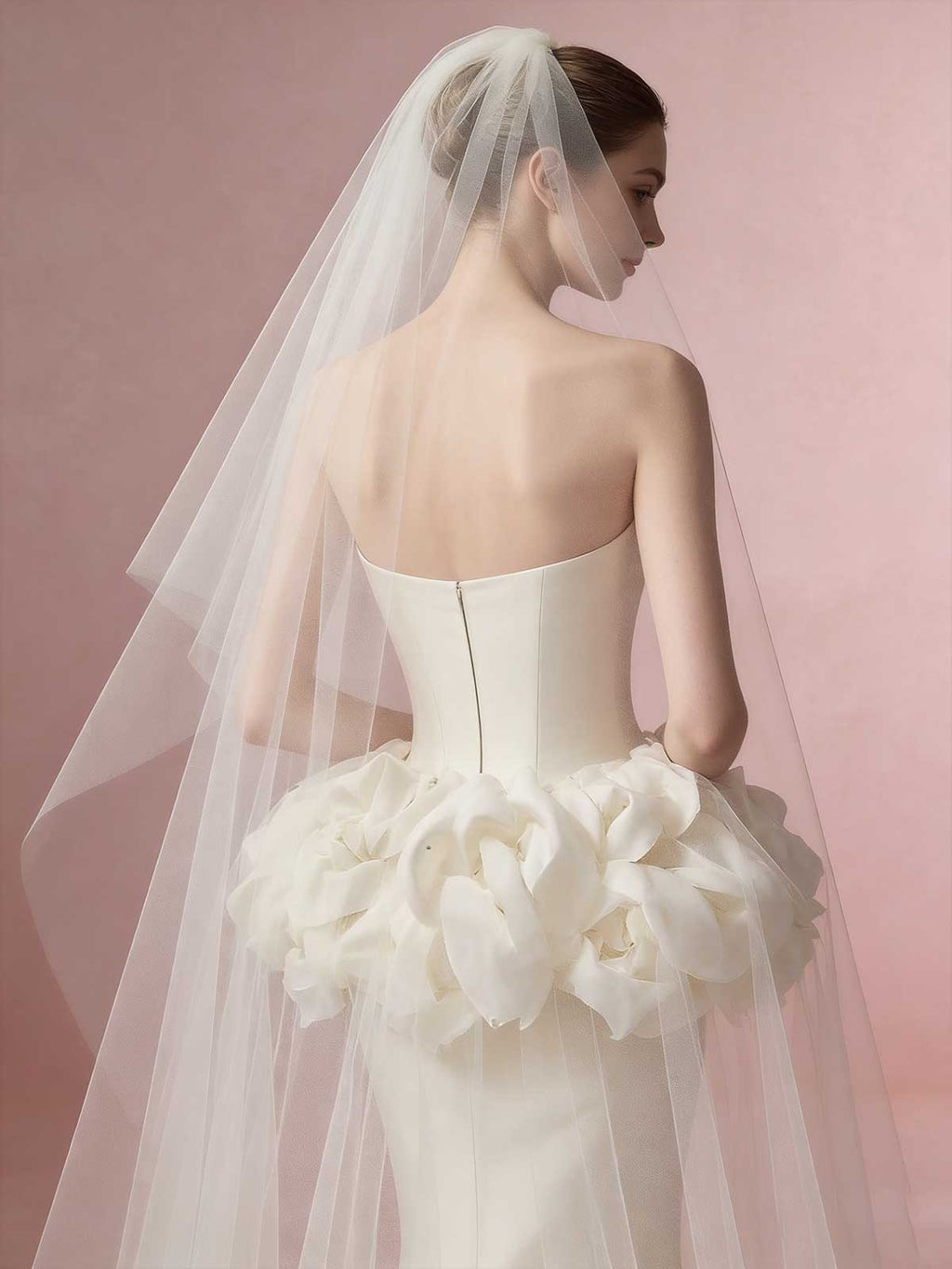 Ivory 3D Floral Strapless Mermaid Wedding Dress with Veil