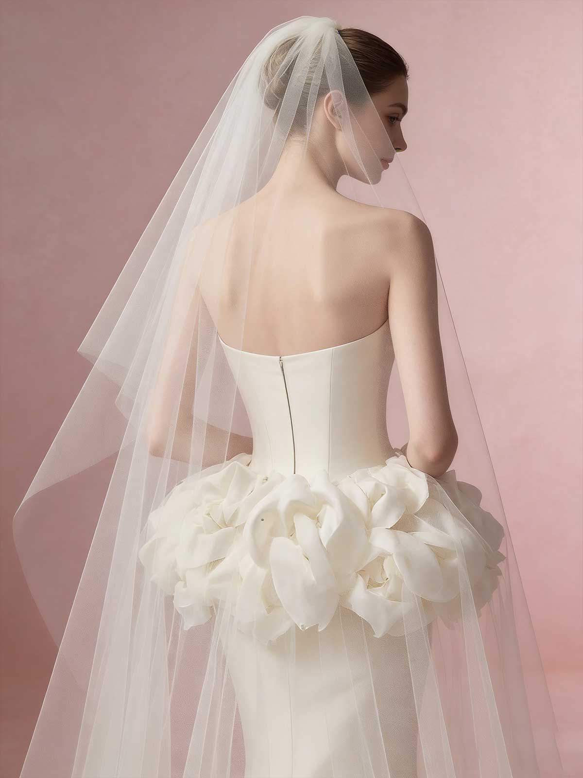 Ivory 3D Floral Strapless Mermaid Wedding Dress with Veil