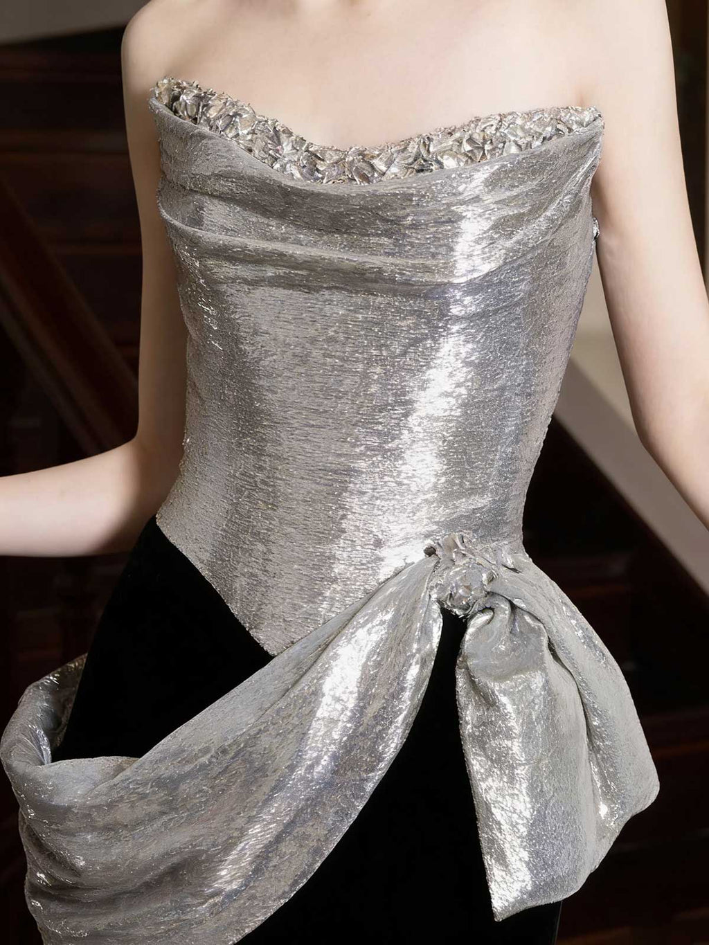 Silver Sequin Black Velvet Colorblock Strapless Mermaid Evening Gown