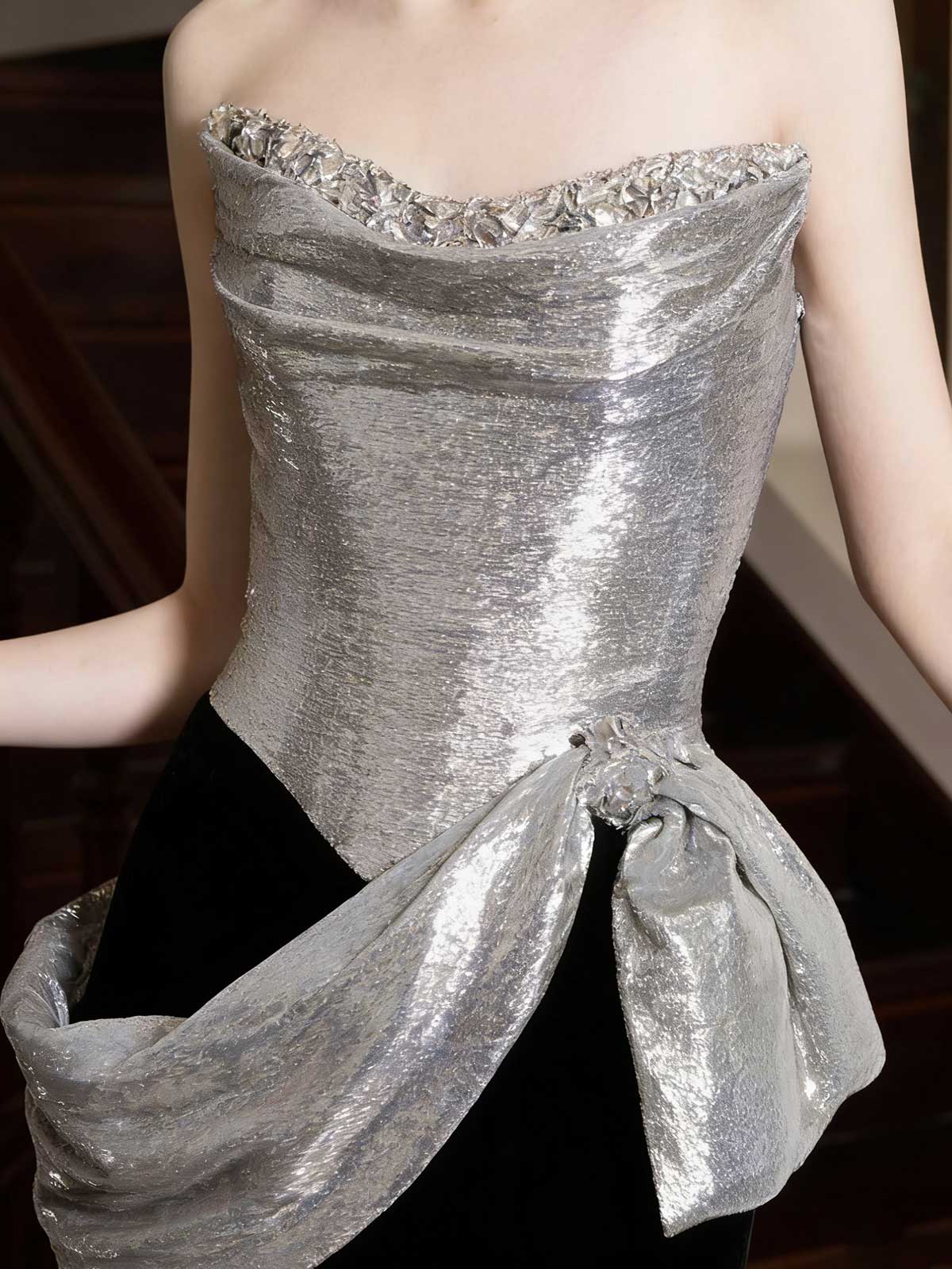 Silver Sequin Black Velvet Colorblock Strapless Mermaid Evening Gown