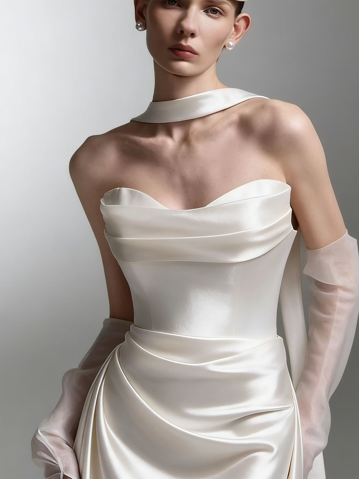 Elegant Satin Mermaid Gown with Halter Strap & Sheer Tulle Gloves