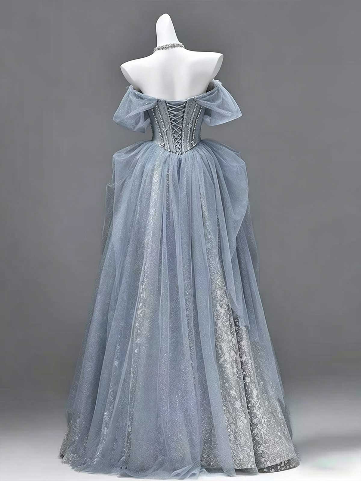 Dusty Blue Strapless Corset Tulle Ball Gown with Puff Sleeves