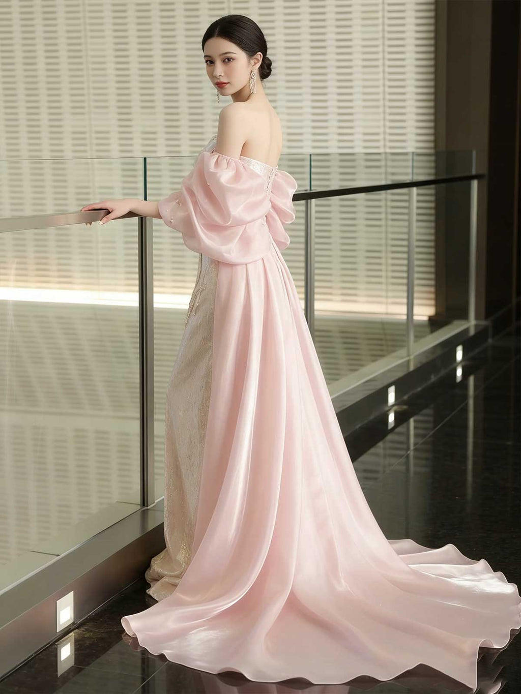 Romantic Blush Pink Off-Shoulder Mermaid Evening Gown with Train