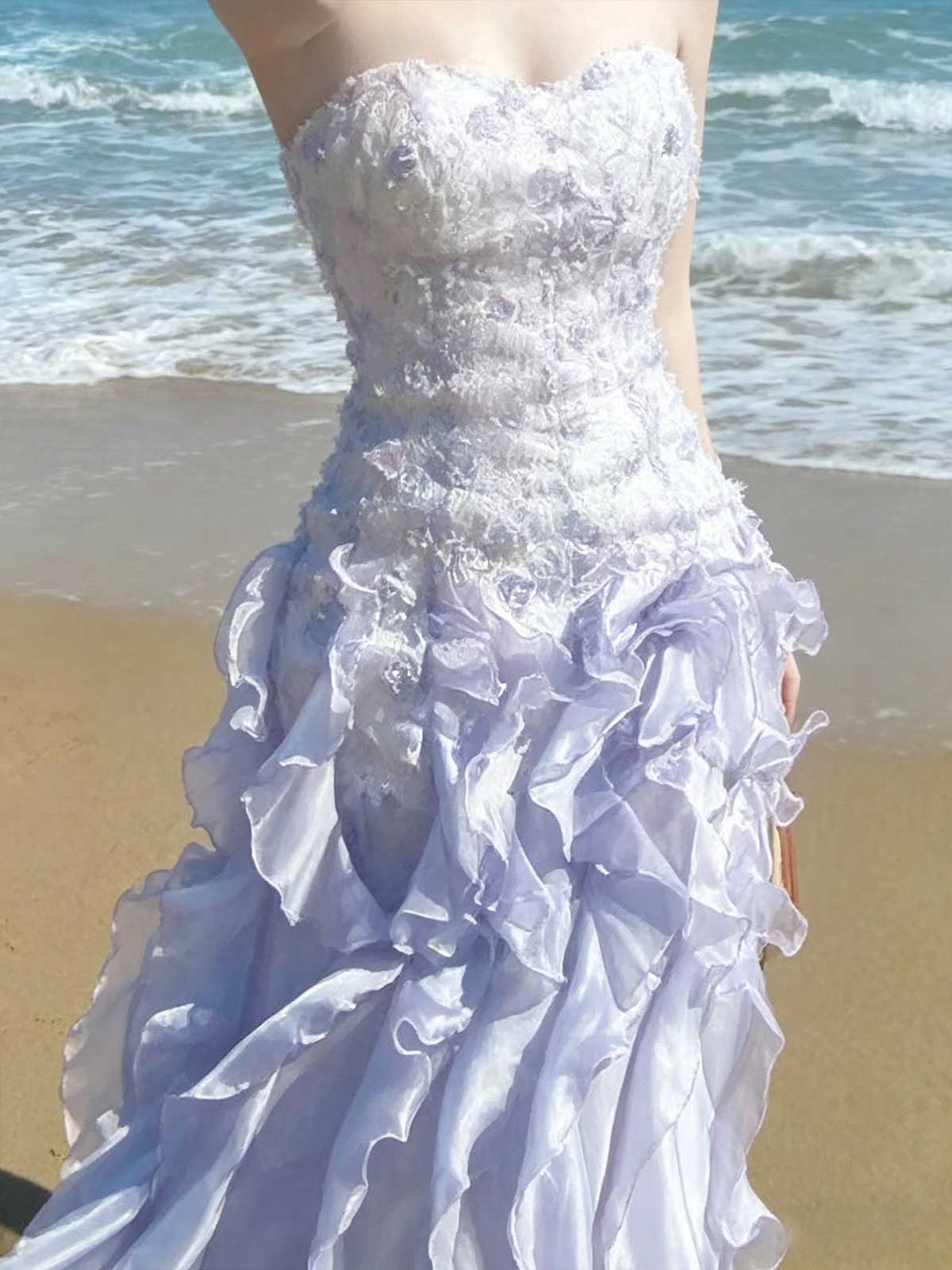Lavender Lace Ruffle Tiered Strapless Mermaid Wedding Dress