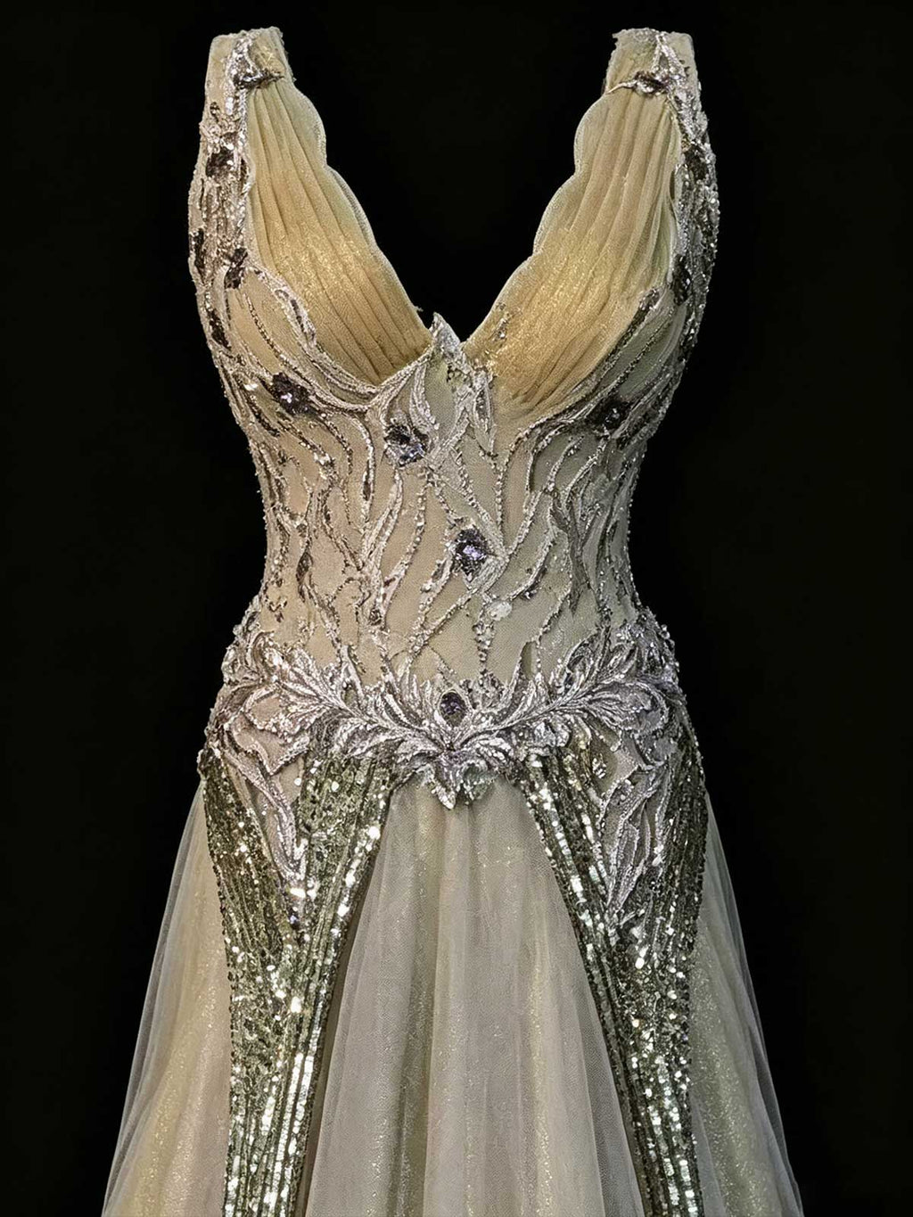 Champagne Gold Sleeveless Deep V Beaded Evening Gown with Tulle Skirt