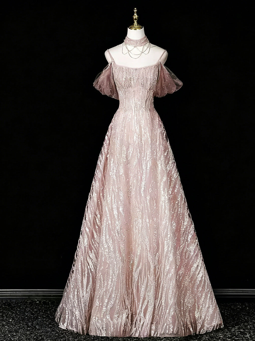 Halter Pink Glitter Textured Tulle Off Shoulder A-Line Gown