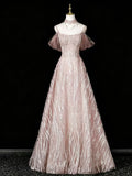 Halter Pink Glitter Textured Tulle Off Shoulder A-Line Gown