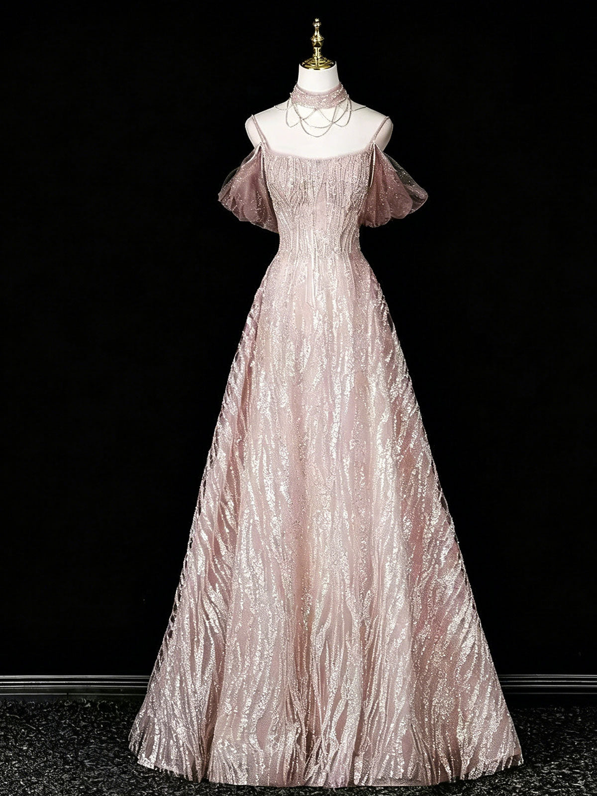 Halter Pink Glitter Textured Tulle Off Shoulder A-Line Gown
