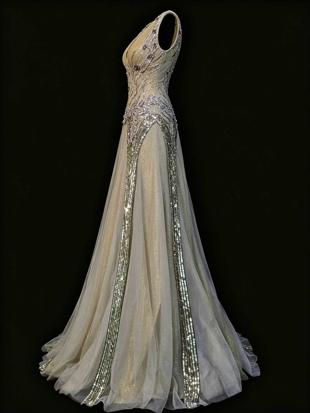 Champagne Gold Sleeveless Deep V Beaded Evening Gown with Tulle Skirt