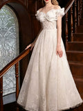 Off Shoulder Big Bow Beaded Glitter Tulle A-Line Wedding Gown