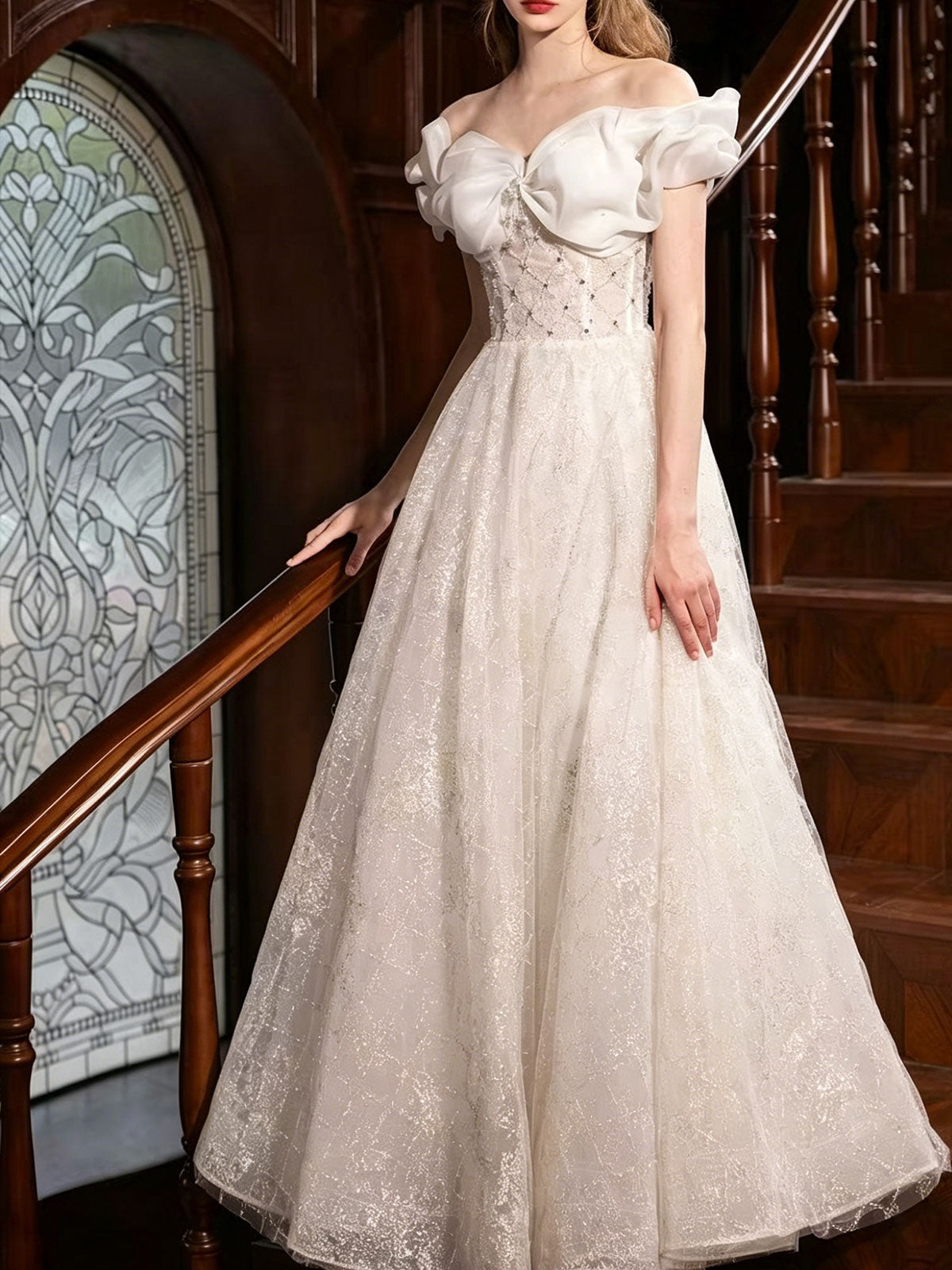 Off Shoulder Big Bow Beaded Glitter Tulle A-Line Wedding Gown
