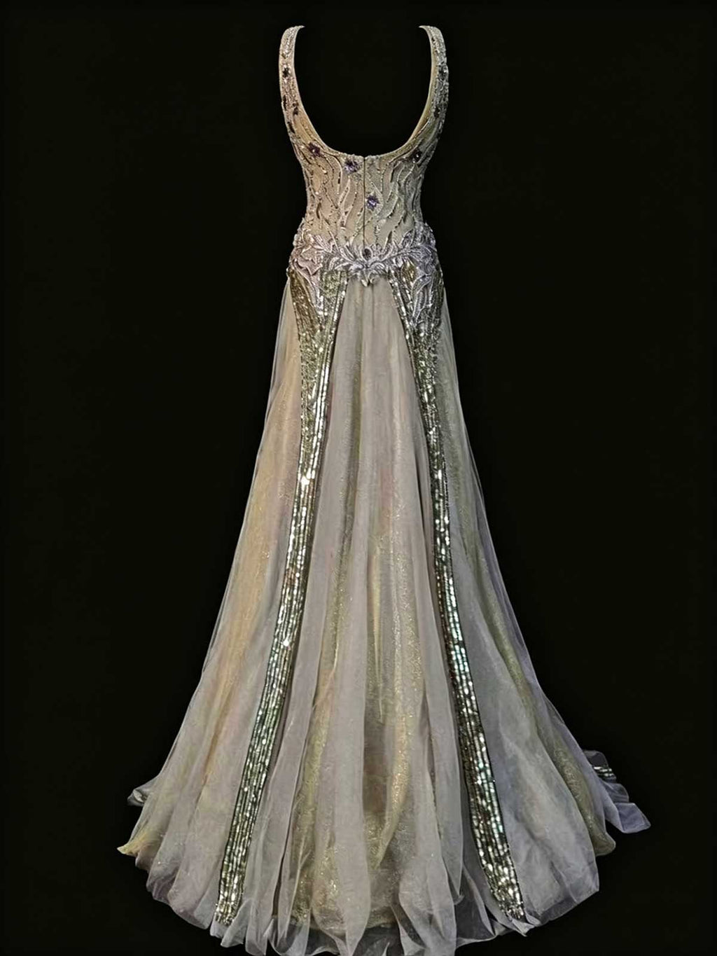 Champagne Gold Sleeveless Deep V Beaded Evening Gown with Tulle Skirt