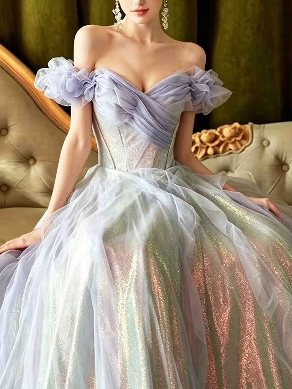 Iridescent Lavender Off-the-Shoulder Tulle Ball Gown