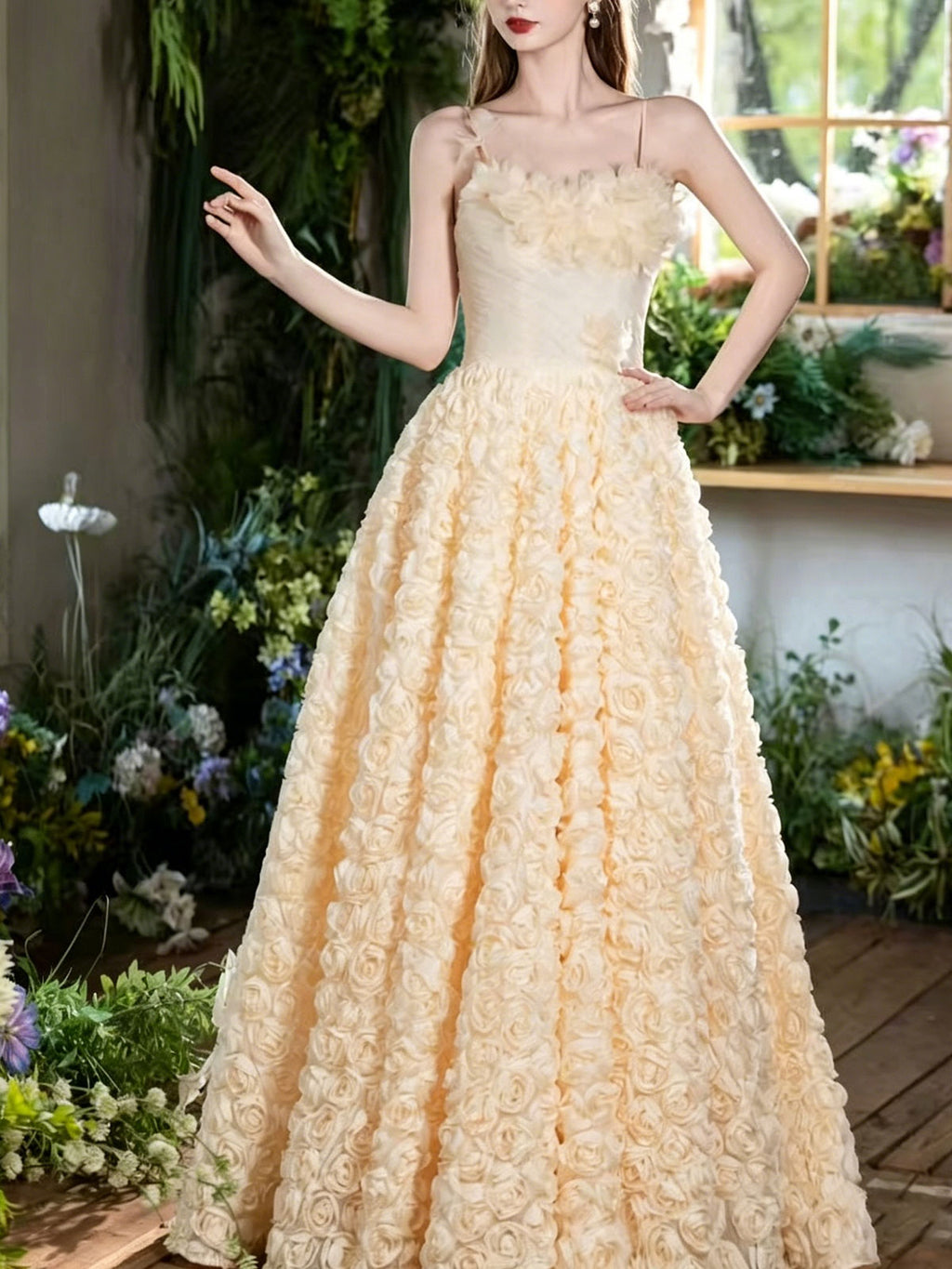 Spaghetti Strap Cream 3D Rose Tulle A-Line Evening Ball Gown