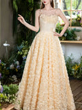 Spaghetti Strap Cream 3D Rose Tulle A-Line Evening Ball Gown