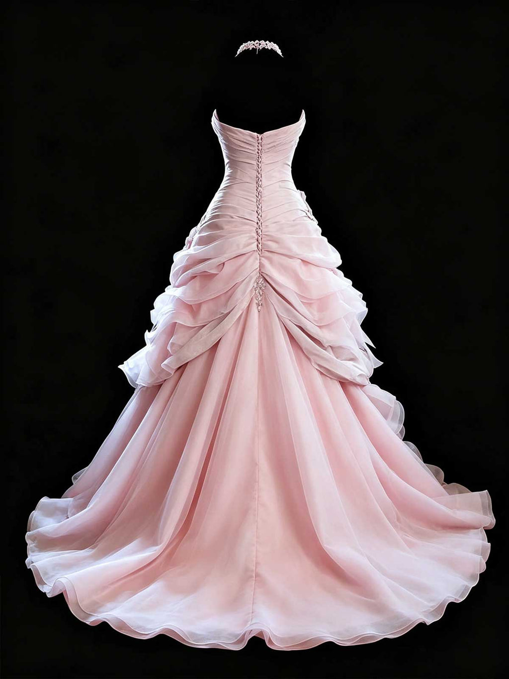 Blush Pink Strapless Satin Ball Gown with Ruffled Tulle Skirt & Floral Appliqués