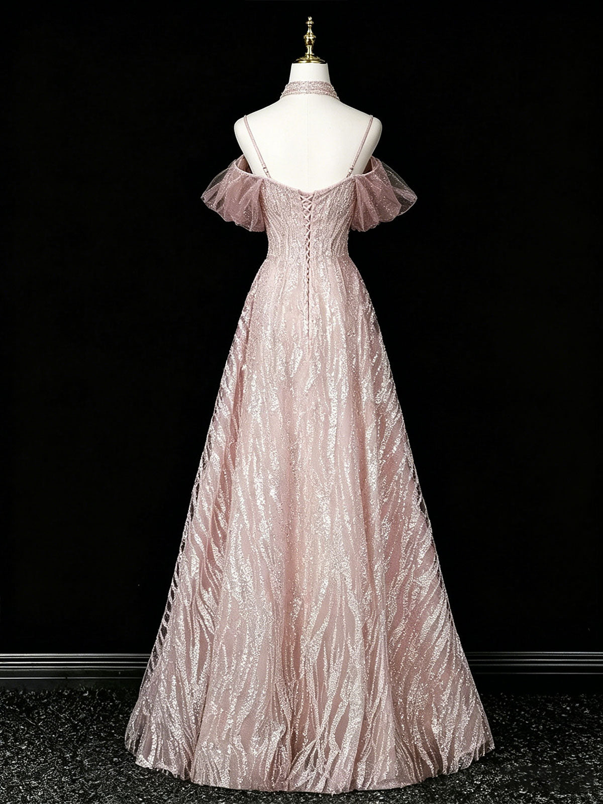 Halter Pink Glitter Textured Tulle Off Shoulder A-Line Gown