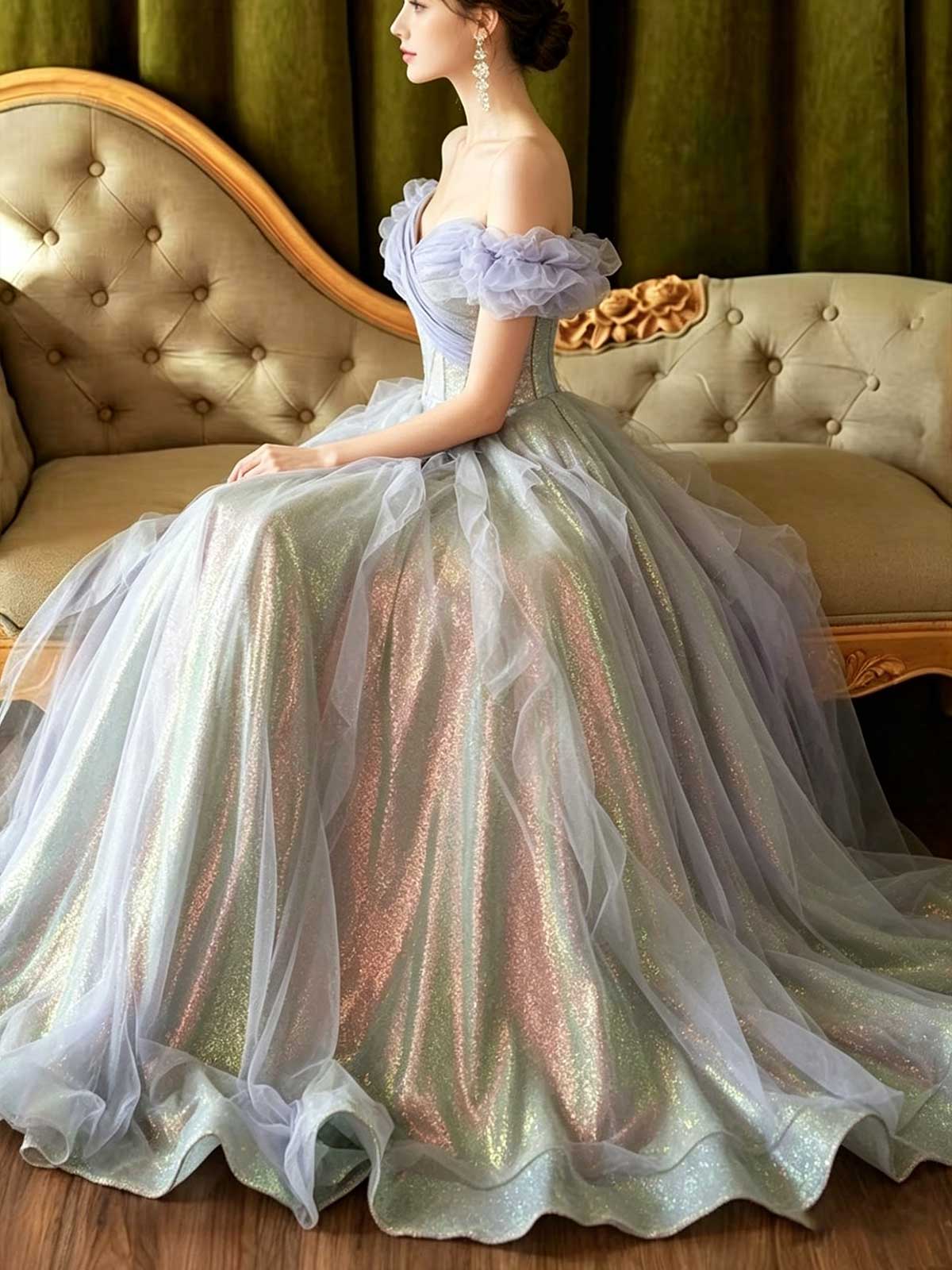 Iridescent Lavender Off-the-Shoulder Tulle Ball Gown