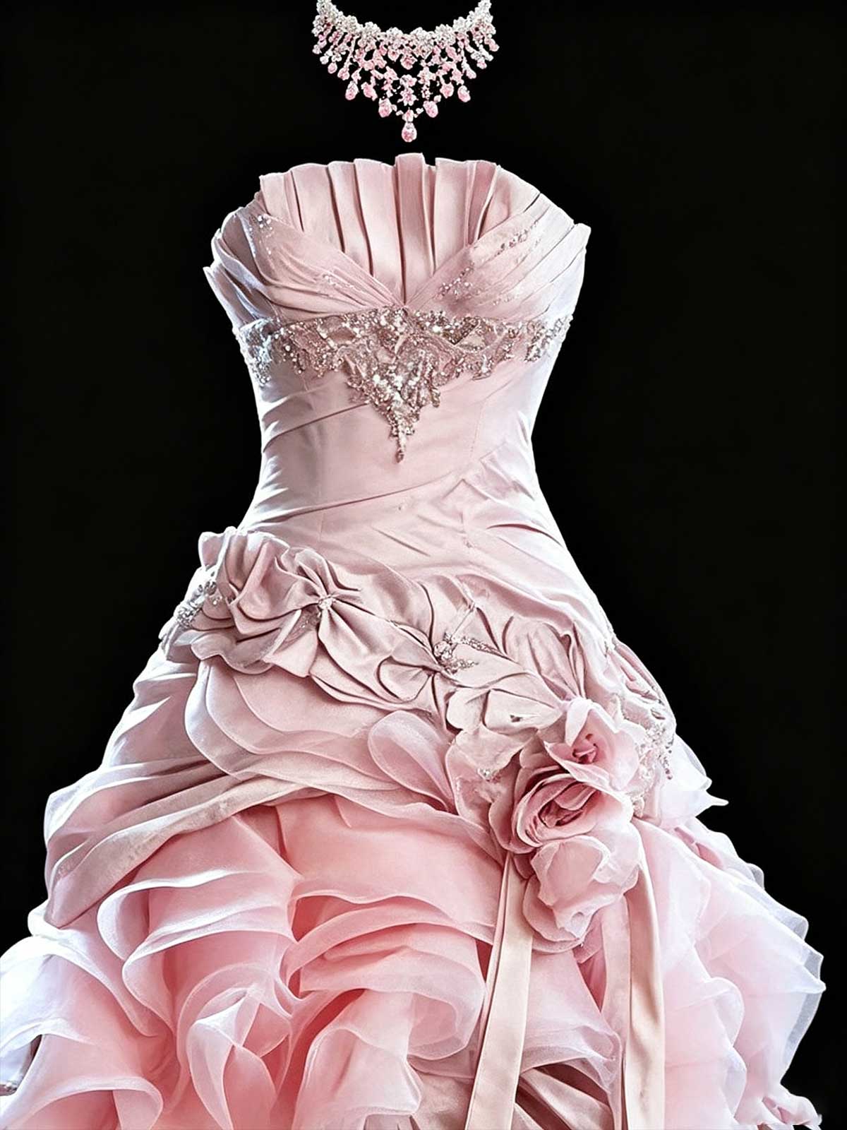 Blush Pink Strapless Satin Ball Gown with Ruffled Tulle Skirt & Floral Appliqués