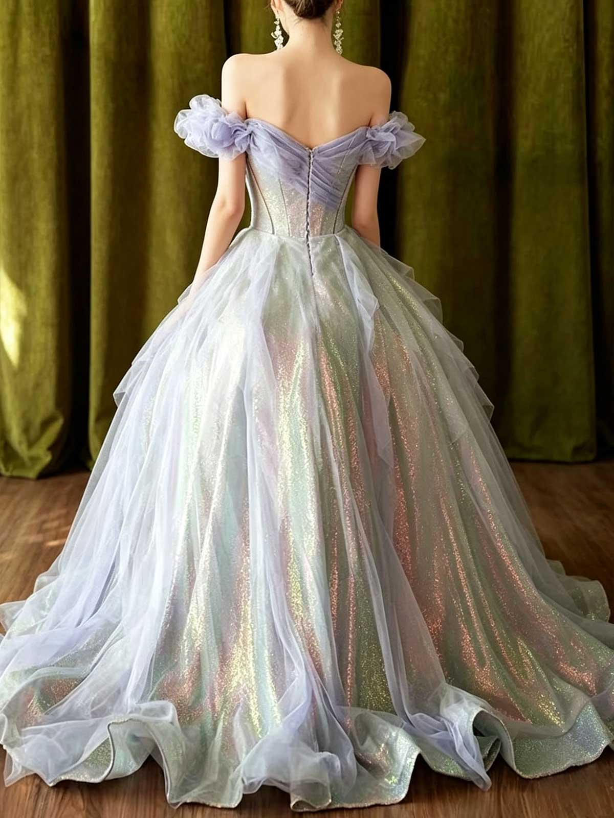 Iridescent Lavender Off-the-Shoulder Tulle Ball Gown