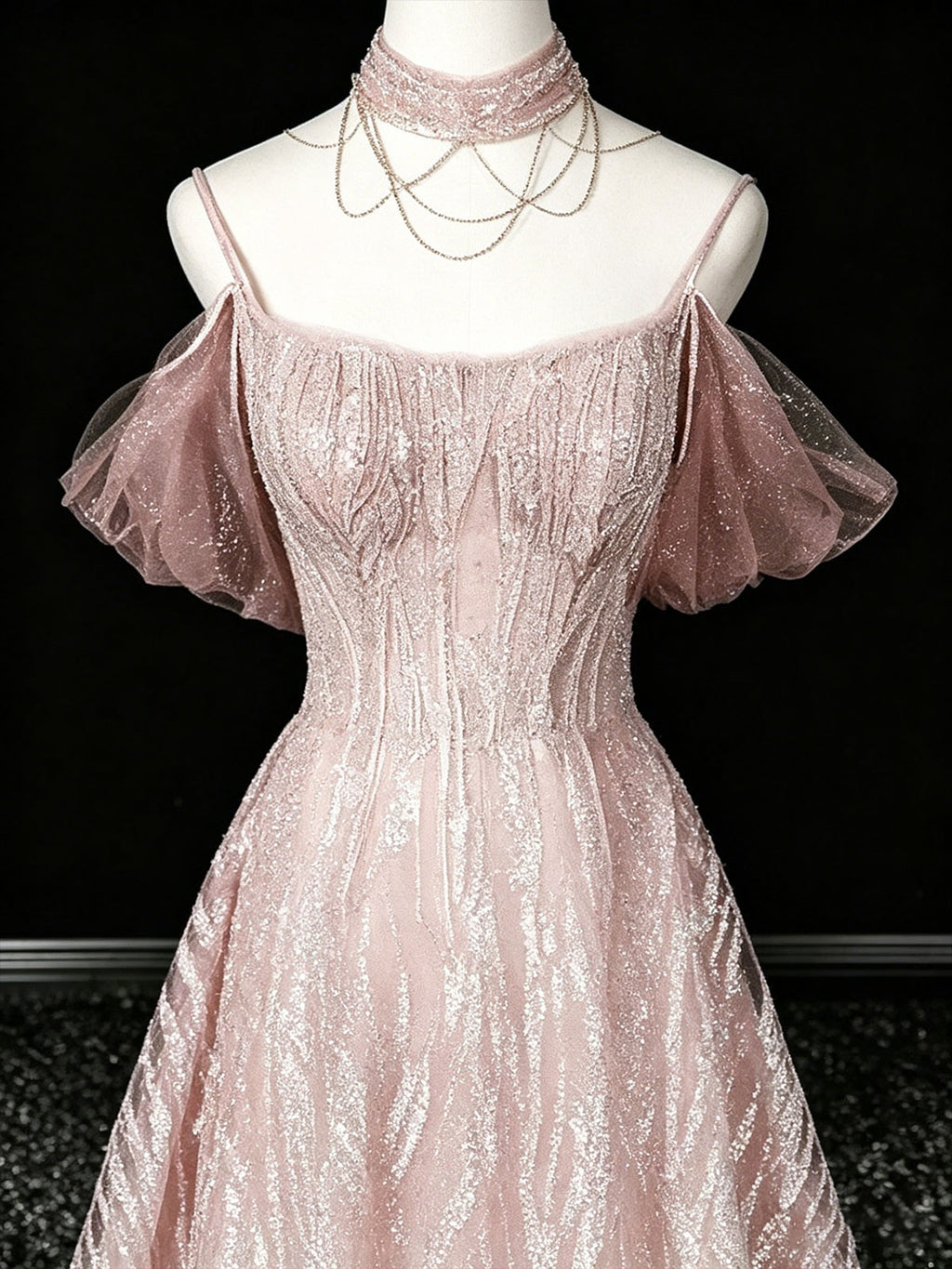 Halter Pink Glitter Textured Tulle Off Shoulder A-Line Gown