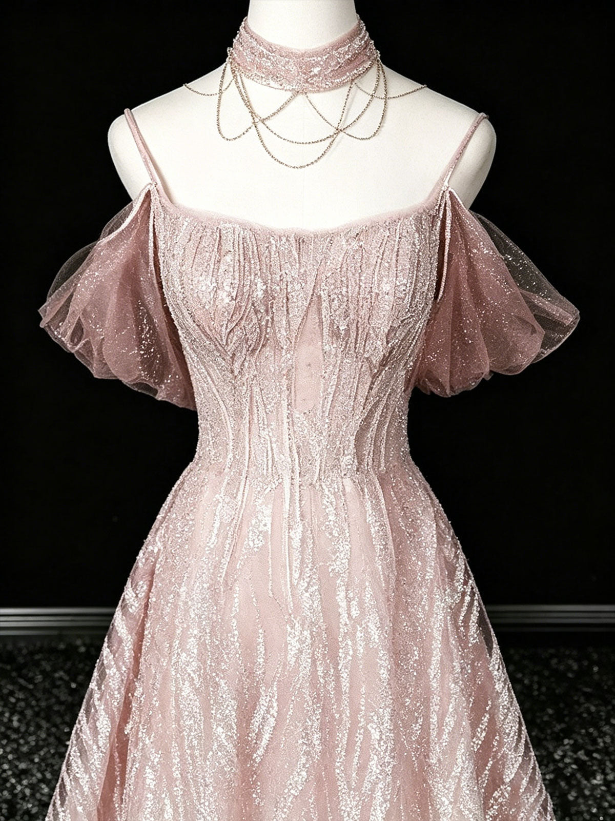 Halter Pink Glitter Textured Tulle Off Shoulder A-Line Gown